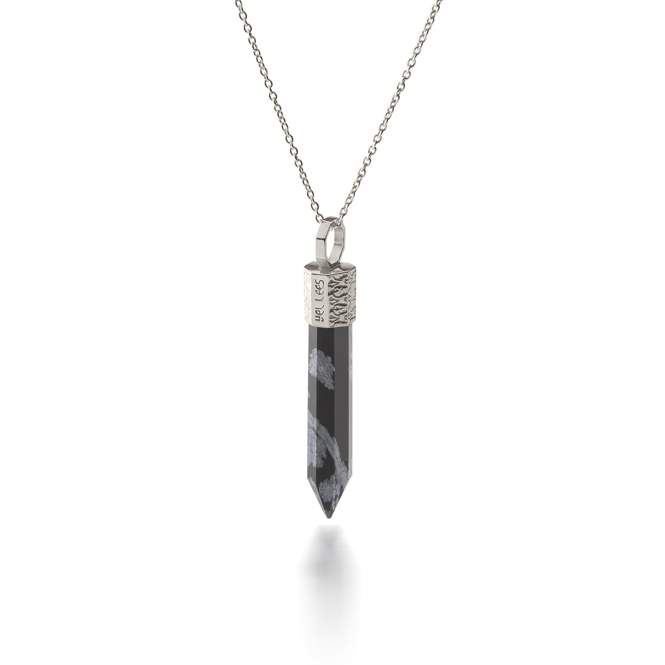 Collier 44 cm avec Obsidienne des Neiges – Argent 925 plaqué platine