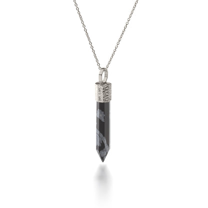 Collier 44 cm avec Obsidienne des Neiges – Argent 925 plaqué platine