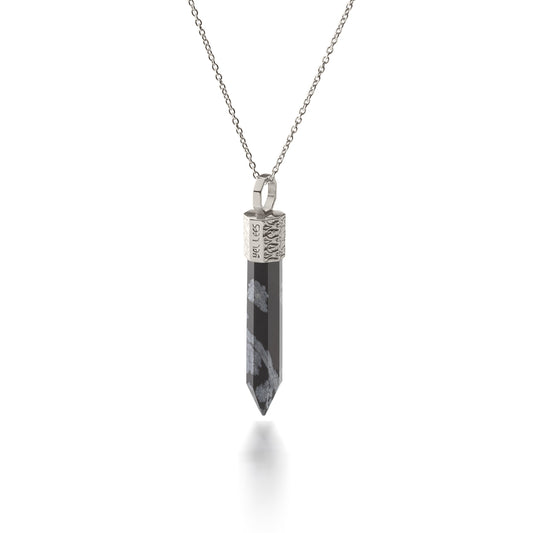 Collier 44 cm avec Obsidienne des Neiges – Argent 925 plaqué platine