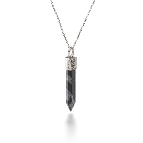 Collier 44 cm avec Obsidienne des Neiges – Argent 925 plaqué platine
