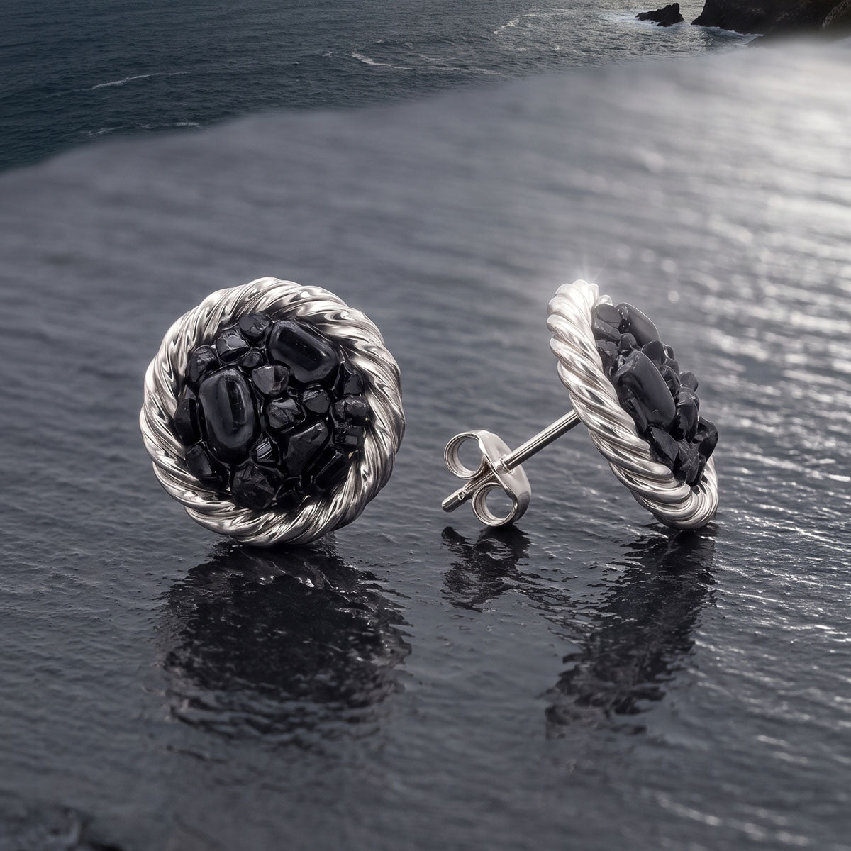 Srebrne kolczyki z Czarnym Turmalinem pokryte platyną - Kubit Zaginiony (177 MHz)
